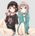 2girls aoba_moca bang_dream! bangs bare_legs belt between_legs black_collar black_hair black_shirt black_shorts blush bob_cut bracelet clenched_hand collar collarbone expressionless frown green_eyes green_jacket grey_background grey_hair grey_shorts hand_between_legs hand_up hazuki_(sutasuta) highres jacket jewelry knee_up lightning_bolt long_sleeves looking_at_viewer mitake_ran multicolored_hair multiple_girls padlocked_collar print_shirt redhead shirt short_hair short_shorts shorts simple_background sitting streaked_hair studded studded_belt violet_eyes white_shirt