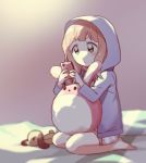  1girl bang_dream! bangs blue_jacket cellphone expressionless green_eyes holding holding_phone hood hood_up hooded_jacket jacket long_hair long_sleeves lowres pajamas phone pink_hair re_ghotion seiza sitting smartphone solo stuffed_animal stuffed_bunny stuffed_dog stuffed_toy uehara_himari 