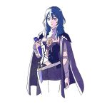  1girl armor artist_name black_armor black_shorts blue_eyes blue_hair book byleth cape closed_mouth fire_emblem fire_emblem:_three_houses holding holding_book knife lilac_knight long_hair navel nintendo shorts simple_background solo white_background 