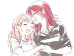  2girls :d ^_^ alternate_hairstyle arm_around_shoulder bang_dream! bangs black_shirt blush closed_eyes closed_eyes grin hand_holding medium_hair multiple_girls open_mouth pink_hair re_ghotion redhead shirt short_sleeves simple_background sleeves_pushed_up smile udagawa_tomoe uehara_himari upper_body white_background white_shirt yuri 