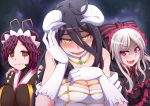  3girls albedo antennae black_dress black_hair breasts cleavage commentary_request demon_girl double_bun dress entoma_vasilissa_zeta eyebrows_visible_through_hair fangs frilled_dress frills hand_on_own_face happy horns ikue_fuuji insect_girl large_breasts lolita_fashion long_hair looking_at_viewer maid maid_headdress monster_girl multiple_girls overlord_(maruyama) red_eyes shalltear_bloodfallen silver_hair slit_pupils smile succubus vampire white_horns yellow_eyes 