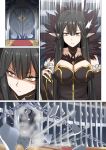 1girl breasts chains cleavage commentary_request door dust_particles explosion fate/grand_order fate_(series) fur_trim ginhaha large_breasts long_hair pointy_ears red_carpet semiramis_(fate) shards slit_pupils solo surprised sweat very_long_hair yellow_eyes 