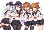  4girls ;3 akatsuki_(kantai_collection) anchor anchor_symbol bangs black_legwear black_sailor_collar black_skirt blue_eyes blush brown_eyes brown_hair closed_mouth commentary_request eyebrows_visible_through_hair fang flat_cap folded_ponytail hair_between_eyes hair_ornament hairclip hat hibiki_(kantai_collection) ikazuchi_(kantai_collection) inazuma_(kantai_collection) kantai_collection loafers long_hair long_sleeves looking_at_viewer multiple_girls na070amou neckerchief one_eye_closed open_mouth pantyhose pleated_skirt purple_hair red_neckwear sailor_collar school_uniform serafuku shoes short_hair silver_hair simple_background skirt smile standing thigh-highs violet_eyes 