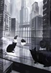  absurdres animal black_cat building cat cat_focus cityscape clouds cloudy_sky greyscale highres miya-ki_(miya_key) monochrome no_humans original outdoors railing reflection sky skyscraper 