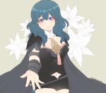  1girl armor black_armor black_shorts blue_eyes blue_hair byleth cape closed_mouth fire_emblem fire_emblem:_three_houses flower long_hair navel nintendo outstretched_arm plushcharm shorts smile solo twitter_username 