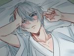  1boy blue_eyes blush collarbone futon half-closed_eyes hand_in_hair japanese_clothes kimono looking_at_viewer male_focus maofish parted_lips silver_hair tatami touken_ranbu upper_body yamanbagiri_chougi 