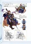  1boy brown_eyes brown_hair cape character_name elta_(granblue_fantasy) granblue_fantasy hairband highres instrument jewelry lineart male_focus minaba_hideo multiple_views non-web_source official_art open_mouth page_number scan scarf simple_background smile translation_request 