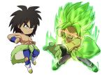  2boys arms_at_sides aura bidarian black_eyes black_hair boots broly_(dragon_ball_super) chibi clenched_hands dragon_ball dragon_ball_super_broly dual_persona expressionless fingernails full_body glowing glowing_eyes green_hair incoming_punch looking_away male_focus multiple_boys nipples no_pupils open_mouth outstretched_arm red_eyes scar shaded_face shirtless short_hair simple_background spiky_hair teeth torn_clothes torn_legwear white_background wristband 