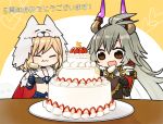  2girls :3 =_= ahoge berserker_(granblue_fantasy) blonde_hair breasts brown_eyes cake cape chibi djeeta_(granblue_fantasy) draph eating expressive_clothes food fork fruit granblue_fantasy grey_hair heart horns long_hair medium_breasts multiple_girls navel open_mouth panda_(azarashi_suki) skirt smile strawberry thalatha_(granblue_fantasy) translated upper_body 