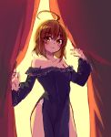  1girl ahoge andou_natsuki artist_request bare_shoulders breasts brown_eyes brown_hair cleavage closed_mouth dress kitakubu_katsudou_kiroku looking_at_viewer medium_breasts short_hair side_slit smile solo 