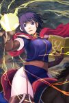  1girl animal cape elbow_gloves fire_emblem fire_emblem:_thracia_776 fire_emblem_heroes gloves highres horse horseback_riding looking_at_viewer nintendo olwen_(fire_emblem) purple_hair riding solo thigh-highs traditional_media violet_eyes watercolor_(medium) 