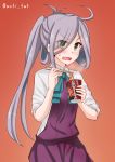  1girl :o ahoge anti_(untea9) asashimo_(kantai_collection) bow bowtie chopsticks dress food green_eyes grey_hair hair_over_one_eye halterneck highres holding holding_chopsticks holding_food kantai_collection long_hair long_sleeves looking_at_viewer open_mouth ponytail ramen red_background school_uniform shirt simple_background sleeves_rolled_up solo twitter_username upper_body wavy_mouth white_shirt 
