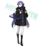  1girl bad_id bad_twitter_id bag black_footwear boots cardigan cellphone character_name coat eyebrows_visible_through_hair fate/extra fate/extra_ccc fate_(series) full_body hair_ribbon high_heel_boots high_heels ice_skates knee_boots long_hair looking_away meltlilith mouth_hold nagu phone plaid plaid_skirt pleated_skirt purple_hair ribbon scarf school_bag school_uniform shoulder_bag simple_background skates skirt smartphone solo standing thigh-highs very_long_hair violet_eyes white_background white_legwear zettai_ryouiki 