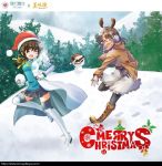  2girls antlers black_hair character_request chinese christmas_hat christmas_ornaments company_name deer_antlers earmuffs fake_antlers hair_ornament hair_ribbon long_coat merry_christmas miniskirt mountain mountainous_horizon official_art ribbon santa_hat siukaukau24 skirt snow snow_mountain snowball snowman sunglasses third-party_edit third-party_source third-party_watermark tree tree_branch twintails yellow_ribbon yumi_(yummy_house) yummy_house 