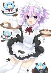  1girl :d alternate_costume apron black_dress blush cake cup d-pad d-pad_hair_ornament dogoo dress enmaided food frilled_dress frills hair_between_eyes hair_ornament highres holding holding_tray looking_at_viewer maid maid_apron maid_headdress neptune_(neptune_series) neptune_(series) open_mouth purple_hair short_hair_with_long_locks simple_background smile solo tea teacup teapot thigh-highs tray violet_eyes waiter white_apron white_background white_legwear zero_(ray_0805) 