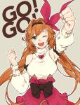  1girl alternate_costume arm_up armpits bare_shoulders black_bow bow breasts clarisse_(granblue_fantasy) detached_sleeves granblue_fantasy green_eyes hair_bow hairband high-waist_skirt kaitara_deru long_hair low_twintails medium_breasts one_eye_closed open_mouth orange_hair red_bow skirt twintails 