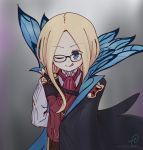  1girl abigail_williams_(fate/grand_order) arm_behind_back bangs black-framed_eyewear black_cape blonde_hair blue_cape blue_eyes blush brown_pants brown_vest cape commentary_request cosplay eyebrows_visible_through_hair fate/grand_order fate_(series) forehead glasses james_moriarty_(fate/grand_order) james_moriarty_(fate/grand_order)_(cosplay) kujou_karasuma long_sleeves multicolored multicolored_cape multicolored_clothes one_eye_closed pants parted_bangs shirt signature solo vest white_shirt 