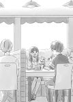  2boys 2girls :o :t absurdres ai_x_suugaku_x_tanka awning backlighting bangs blunt_bangs bush cafe cake chair character_request cup dessert drink eating eye_contact eyebrows_visible_through_hair food from_behind fruit glasses greyscale hand_up highres holding holding_spoon indoors itunohika long_hair looking_at_another mary_janes monochrome mug multiple_boys multiple_girls open_mouth pants parfait profile round_teeth saucer shadow shoes short_sleeves sitting skirt slice_of_cake spoon strawberry table tareme teacup teeth v-shaped_eyebrows watch watch 