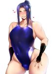  1boy androgynous assassin_(fate/stay_night) blush bulge crossdressinging fate_(series) hand_on_hip high_ponytail highres hip_focus kou_yamada long_hair looking_at_viewer male_focus one-piece_swimsuit ponytail simple_background skin_tight swimsuit white_background 