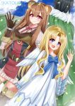  2girls :d absurdres animal_ears artist_name belt blonde_hair blue_eyes brown_hair eyebrows_visible_through_hair firo_(tate_no_yuusha_no_nariagari) highres iwatani_naofumi katou_shinobu long_hair looking_at_viewer multiple_boys multiple_girls open_mouth petals raccoon_ears raphtalia red_eyes ribbon shirt simple_background sky smile tate_no_yuusha_no_nariagari watermark white_shirt wings 