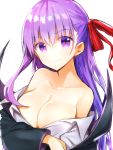  1girl bangs bare_shoulders bb_(fate)_(all) bb_(fate/extra_ccc) black_coat blush breasts cleavage collarbone collared_shirt dress_shirt fate/extra fate/extra_ccc fate_(series) hair_between_eyes hair_ribbon high_collar highres large_breasts long_hair long_sleeves looking_at_viewer nanakusa_amane off_shoulder purple_hair red_ribbon ribbon shirt simple_background solo violet_eyes white_background white_shirt 