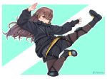  &gt;:o 1girl boots brown_hair brown_legwear commentary fingerless_gloves flying_kick full_body girls_frontline gloves green_background highres jacket kicking knee_pads legwear_under_shorts light_brown_eyes long_hair long_sleeves looking_away manme pantyhose shorts single_glove solo twitter_username two-tone_background ump45_(girls_frontline) white_background 