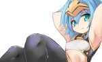  1girl armpits arms_up bangs black_legwear blue_hair blush breasts eyebrows_visible_through_hair green_eyes hair_between_eyes hellmatio karukan_(monjya) parted_lips pointy_ears shinrabanshou simple_background sitting small_breasts solo thick_eyebrows thigh-highs white_background 