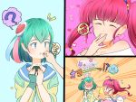  2girls :p ? ahoge antennae blue_eyes blue_hair blush closed_eyes eating fingerless_gloves food food_on_face fuwa_(precure) gloves hagoromo_lala hair_ornament heart heart_background highres holding holding_food hoshina_hikaru long_hair multiple_girls onigiri open_mouth pink_background pink_eyes pink_hair pointy_ears precure prunce_(precure) rice rice_on_face short_hair single_glove speech_bubble spoken_question_mark star star_twinkle_precure surprised tongue tongue_out twintails uokichi_(rururu0906) yuri 