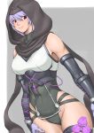  1girl arm_guards armor ayane ayane_(doa) bangs bare_shoulders bodysuit breasts closed_mouth covered_navel dead_or_alive dead_or_alive_6 elbow_gloves flower gloves highres hood hood_up medium_breasts ninja pink_flower purple_hair red_eyes shigenobu simple_background smile solo standing thigh_strap 