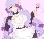  1girl alternate_costume apron bow breasts camilla_(fire_emblem_if) cleavage cleavage_cutout fire_emblem fire_emblem_if hair_bow hair_over_one_eye heart heart-shaped_pupils large_breasts long_hair long_sleeves narumeia_(cosplay) nintendo open_mouth pink_background plushcharm purple_bow purple_hair simple_background solo symbol-shaped_pupils twitter_username violet_eyes whisk 