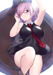  arm_up armpits black-framed_eyewear black_dress breasts dress fate/grand_order fate_(series) glasses hair_over_one_eye highres large_breasts lavender_hair looking_at_viewer mash_kyrielight necktie red_neckwear shield short_hair sleeveless sleeveless_dress takubon_(xewh4773) violet_eyes 