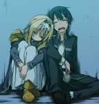  1boy 1girl alice_schuberg armor black_hair blonde_hair closed_eyes highres kirito long_hair open_mouth shikei short_hair sleeping sword_art_online 