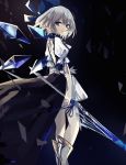  1girl back back_cutout bangs beckzawachi blue_bow blue_eyes blue_hair blue_ribbon bow cirno detached_wings dress fairy hair_between_eyes hair_bow highres holding holding_spear holding_weapon ice ice_wings light_blue_hair overskirt polearm ribbon short_dress solo spear touhou weapon wings 