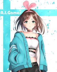  1girl a.i._channel belt black_pants blue_jacket breasts brown_hair choker cleavage collarbone floating_hair green_eyes hairband hand_in_pocket highlights highres jacket kizuna_ai long_hair looking_at_viewer medium_breasts multicolored_hair open_clothes open_jacket pants pink_hairband shiny shiny_hair solo standing strapless_shirt tele_cus unzipped virtual_youtuber 