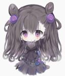  1girl :o bangs black_dress blush breasts brown_hair chibi cottontailtokki dress eyebrows_visible_through_hair fate/grand_order fate_(series) grey_background hair_between_eyes hair_ornament hand_up highres juliet_sleeves large_breasts long_hair long_sleeves murasaki_shikibu_(fate) parted_lips puffy_sleeves simple_background solo two_side_up very_long_hair violet_eyes wide_sleeves 