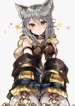  1girl :3 animal_ear_fluff animal_ears armband bangs belt_collar blush cat_ears claw_(weapon) claws collar commentary_request detached_sleeves erune granblue_fantasy grey_hair hair_between_eyes head_tilt highres hood hood_down ikeuchi_tanuma long_sleeves looking_at_viewer red_collar sen_(granblue_fantasy) short_hair_with_long_locks simple_background smile solo twitter_username upper_body weapon white_background wide_sleeves yellow_eyes 