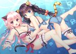  2girls :d air_bubble animal_ear_fluff animal_ears arched_back ass bangs bare_shoulders barefoot bikini blue_bikini blue_eyes blush braid breasts brown_hair bubble cat_ears cat_girl cat_tail cleavage collarbone commentary_request dappled_sunlight day double_bun eyebrows_visible_through_hair fingernails fujikura_ryuune hair_between_eyes hair_bobbles hair_ornament long_hair looking_at_viewer low_twintails medium_breasts multiple_girls nail_polish open_mouth original outdoors outstretched_arm pink_bikini pink_nails side-tie_bikini side_bun smile sunlight swimsuit tail tail_raised tiger_ears tiger_girl tiger_tail twin_braids twintails underwater very_long_hair violet_eyes water wrist_cuffs 