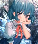  1girl bangs bare_tree blue_bow blue_dress blue_eyes blue_hair blurry blurry_background blush bow cirno dress eyebrows_visible_through_hair frilled_shirt_collar frills hair_between_eyes hair_bow hand_on_own_cheek hand_up highres ice ice_wings light_particles looking_at_viewer masanaga_(tsukasa) neck_ribbon pinafore_dress red_neckwear red_ribbon ribbon shirt short_hair snow solo tears touhou tree upper_body white_shirt wings 