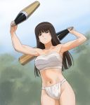  1girl a1 bangs black_hair blunt_bangs breasts brown_eyes bush collarbone commentary_request cowboy_shot expressionless eyebrows_visible_through_hair fundoshi girls_und_panzer gradient gradient_background japanese_clothes large_breasts long_hair mature navel nishizumi_shiho sarashi solo tank_shell 