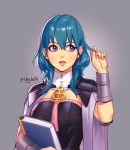  1girl armor blue_eyes blue_hair book bracelet breasts byleth_(fire_emblem) byleth_eisner_(female) cape female_my_unit_(fire_emblem:_three_houses) fire_emblem fire_emblem:_three_houses grey_background hair_ornament intelligent_systems jewelry long_hair looking_at_viewer mella my_unit_(fire_emblem:_three_houses) nintendo short_hair simple_background solo uniform white_background 