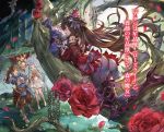  1boy 2girls ahoge arm_up armored_boots ass barefoot blue_eyes blue_hair blue_sleeves blue_sweater boots bridal_gauntlets brown_eyes brown_gloves brown_hair brown_pants character_name day detached_sleeves dress floating_hair flower forest full_body gloves gran_(granblue_fantasy) granblue_fantasy hair_between_eyes headpiece highres hood hood_down hooded_sweater long_hair long_sleeves looking_up lyria_(granblue_fantasy) minaba_hideo multiple_girls nature novel_illustration official_art open_mouth outdoors pants petals pleated_dress purple_pants red_flower red_rose red_shirt rose shirt short_dress sleeveless sleeveless_dress smile sweater vee_(granblue_fantasy) very_long_hair white_dress 