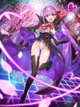  bangs bb_(fate)_(all) bb_(fate/extra_ccc) blunt_bangs breasts fate/extra fate/extra_ccc fate/grand_order fate_(series) gloves hair_ribbon high-waist_skirt highres holding holding_wand large_breasts leotard long_hair open_mouth popped_collar purple_hair red_ribbon ribbon skirt thigh-highs toshi_gahara very_long_hair violet_eyes wand white_gloves white_leotard 