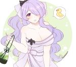  1girl bare_shoulders breasts camilla_(fire_emblem_if) cleavage fire_emblem fire_emblem_heroes fire_emblem_if hair_over_one_eye large_breasts long_hair naked_towel nintendo parted_lips plushcharm purple_hair rubber_duck simple_background solo towel twitter_username upper_body violet_eyes 