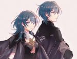  1boy 1girl armor black_armor blue_eyes blue_hair byleth cape closed_mouth dinikee dual_persona fire_emblem fire_emblem:_three_houses from_side long_hair nintendo short_hair simple_background upper_body white_background 