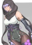  1girl arm_guards armor ayane ayane_(doa) bangs bare_shoulders black_legwear bodysuit breasts closed_mouth covered_navel dead_or_alive dead_or_alive_6 elbow_gloves flower gloves highres hood hood_up medium_breasts ninja pantyhose pink_flower purple_hair red_eyes shigenobu simple_background smile solo standing thigh_strap 