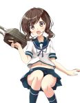  1girl adapted_turret black_legwear blue_sailor_collar blue_skirt brown_eyes brown_hair commentary_request feet_out_of_frame fubuki_(kantai_collection) highres invisible_chair kantai_collection kneehighs looking_at_viewer low_ponytail open_mouth pleated_skirt ponytail sailor_collar sakurano_yukke school_uniform serafuku short_ponytail sidelocks simple_background sitting skirt smile solo white_background 