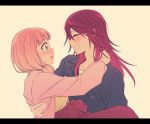  2girls ^_^ bang_dream! bangs blush breast_pocket carrying closed_eyes closed_eyes green_eyes grin hand_on_another&#039;s_shoulder jacket letterboxed long_hair long_sleeves looking_at_another low_twintails multiple_girls pink_hair pink_jacket pocket princess_carry re_ghotion redhead shirt smile teardrop twintails udagawa_tomoe uehara_himari upper_body yellow_background yellow_shirt yuri 