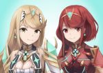  2girls bangs blonde_hair breasts cleavage earrings hair_ornament headpiece mythra_(xenoblade) pyra_(xenoblade) jewelry large_breasts long_hair looking_at_viewer multiple_girls nintendo red_eyes redhead short_hair smile swept_bangs tiara tsukasa_(tukasa_nn) very_long_hair xenoblade_(series) xenoblade_2 yellow_eyes 