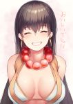  1girl absurdres arms_behind_back bead_necklace beads bikini_top black_hair borushichi breasts closed_eyes earrings fate/grand_order fate_(series) grin highres hoop_earrings jewelry large_breasts necklace smile xuanzang_(fate/grand_order) 