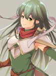  1girl ataka_takeru breastplate closed_mouth elbow_gloves fire_emblem fire_emblem:_mystery_of_the_emblem gloves green_eyes green_gloves green_hair grey_background headband long_hair nintendo paola shoulder_armor simple_background smile solo upper_body white_headband 